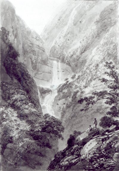 Der Wasserfall von Minzapeezo, Aquarell von Samuel Davies nach einem Stich, ca. 1800 von James Basire